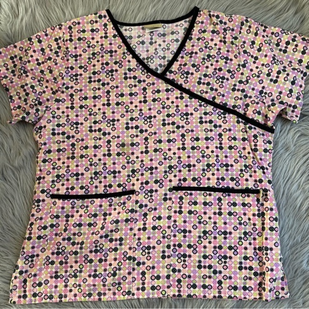 Tafford Scrub Top Womens Size Medium Pink‎ Black Short Sleeve Work Shirt Scrubs